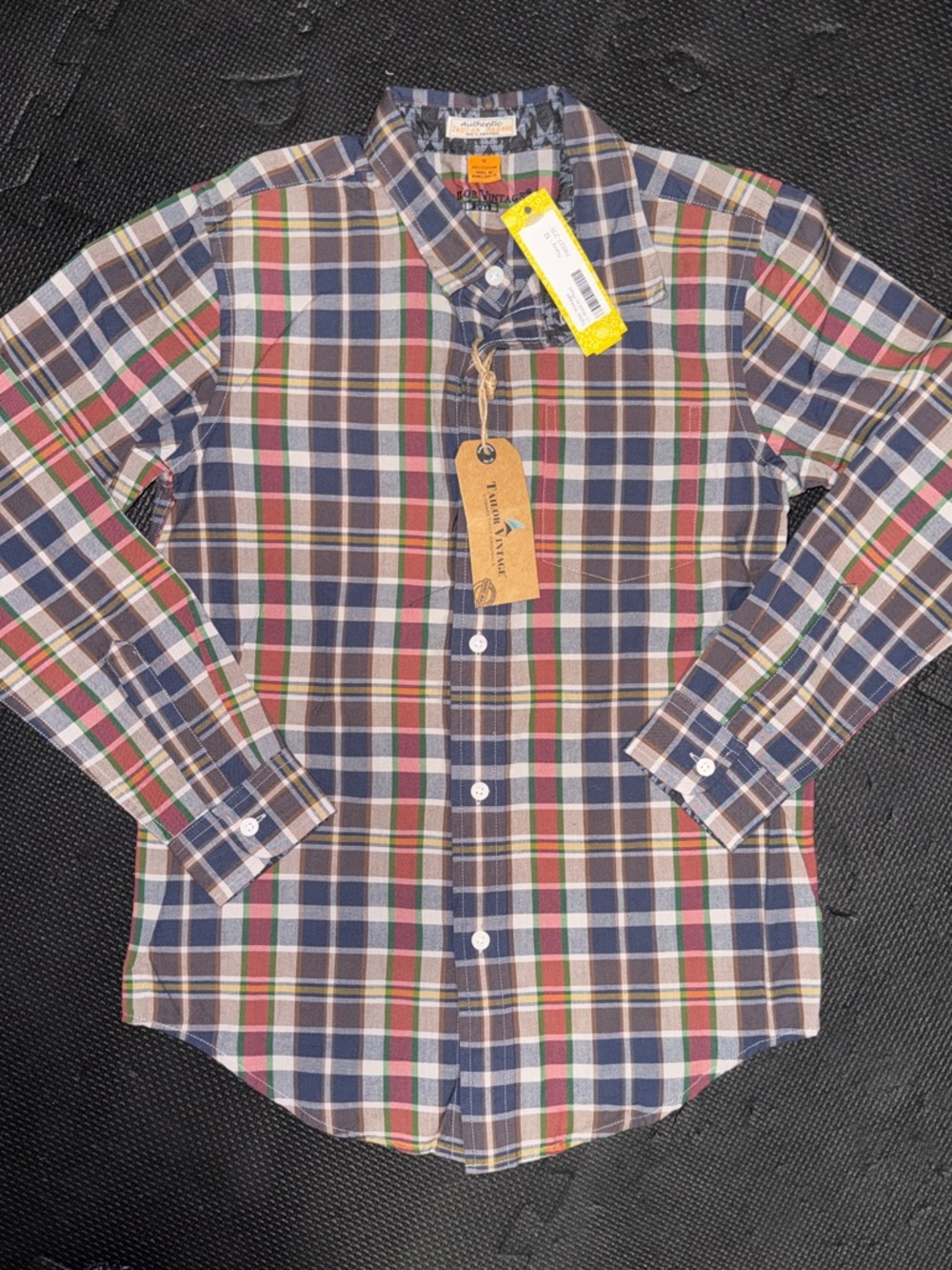 Tailor Vintage Plaid Button-Down Shirt in Navy, Cream, and Red Tones - Picture 8 of 9